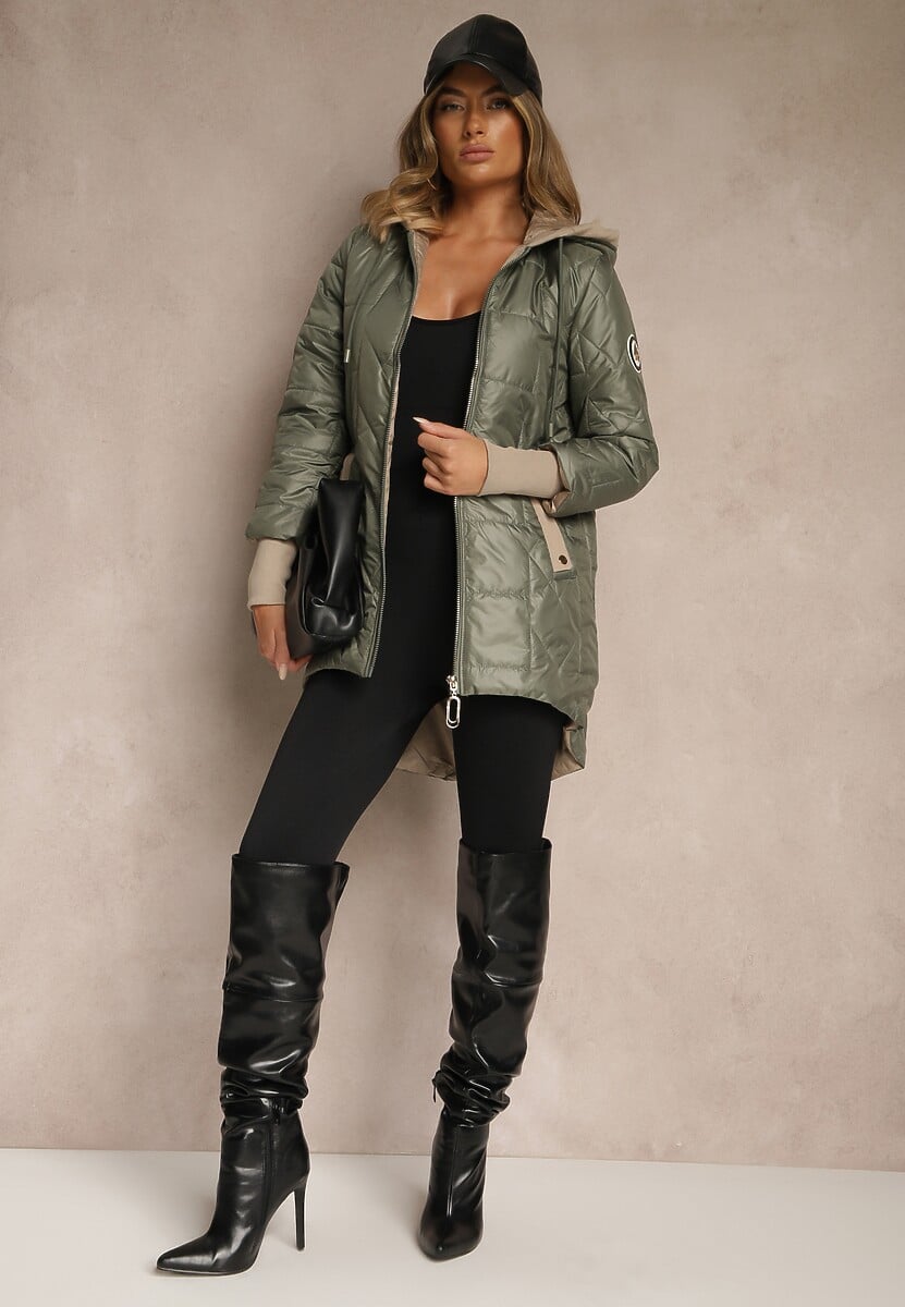 Zielona Kurtka z Pikowanymi Przeszyciami Kapturem i Dłuższym Tyłem Tuleina