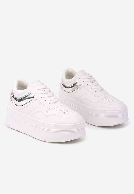 Biało-Srebrne Sneakersy Vices na Platformie z Tłoczonym Napisem ze Sznurowaniem Eanneth