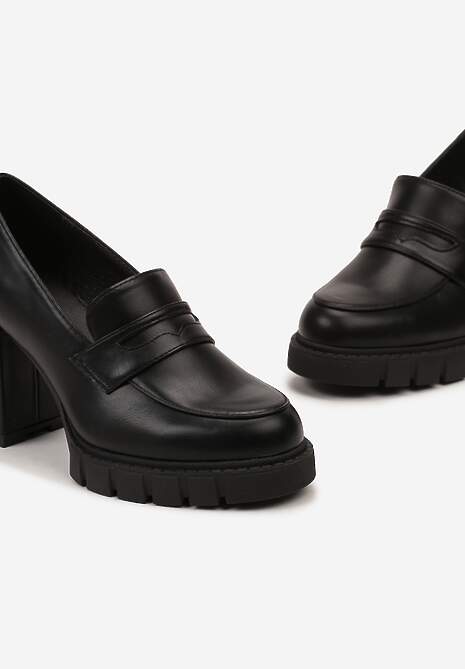 Czarne Półbuty z Imitacji Skóry na Słupku z Platformą z Okrągłym Noskiem i Przeszyciami Dravinnia