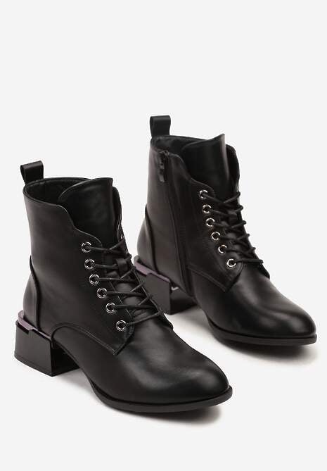 Czarne Botki Vices na Klocku ze Zdobieniem i Sznurowaną Cholewką Falmirea