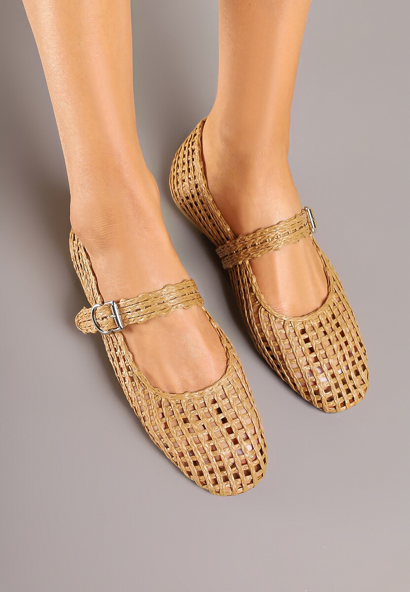 Brązowe Ażurowe Balerinki w Stylu Mary Jane z Plecioną Cholewką Deraelle