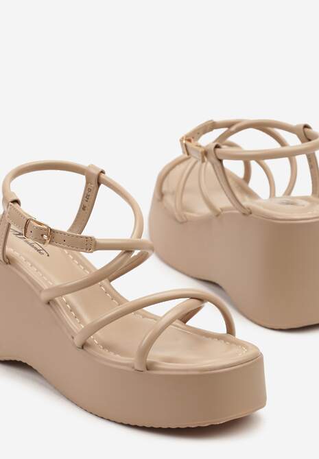 Ciemnobeżowe Sandały na Koturnie Ozdobione Paskami Zenoiti