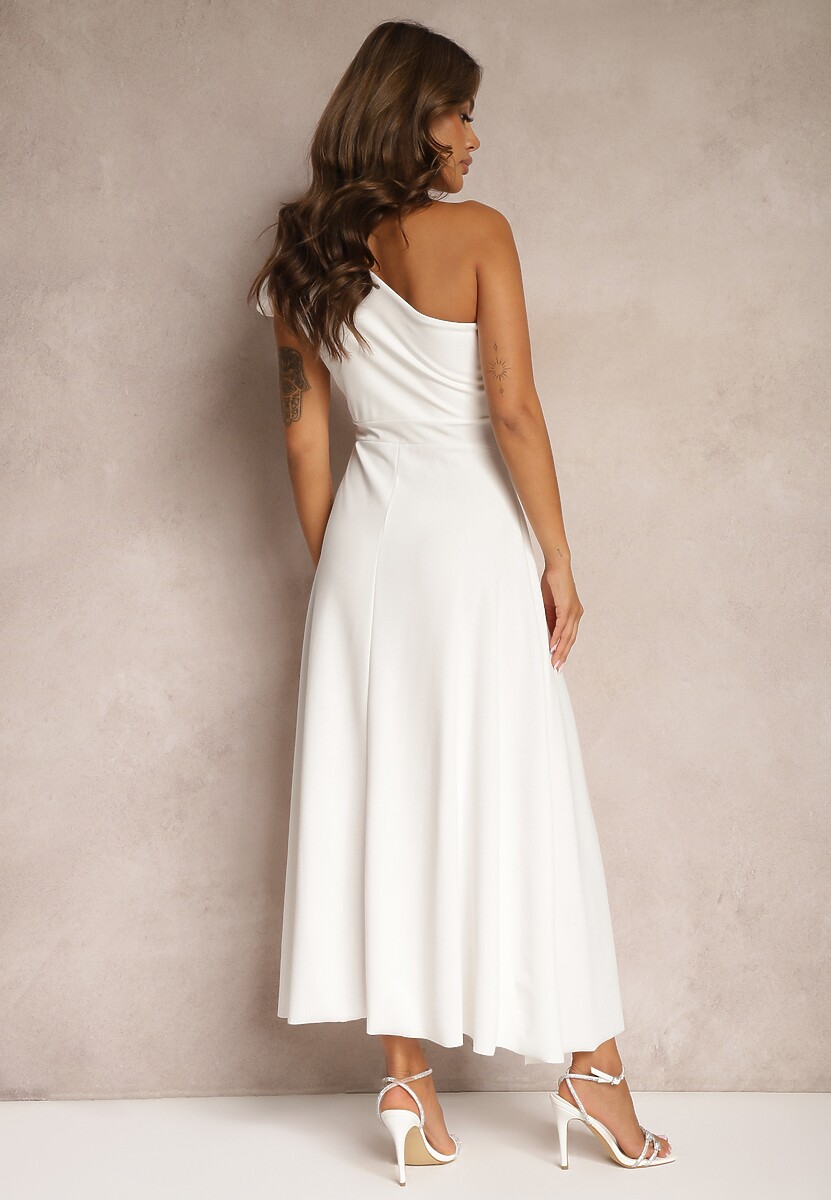 Biała Sukienka Koktajlowa o Asymetrycznym Kroju na Jedno Ramię Ozdobiona Kokardą Vimorissa