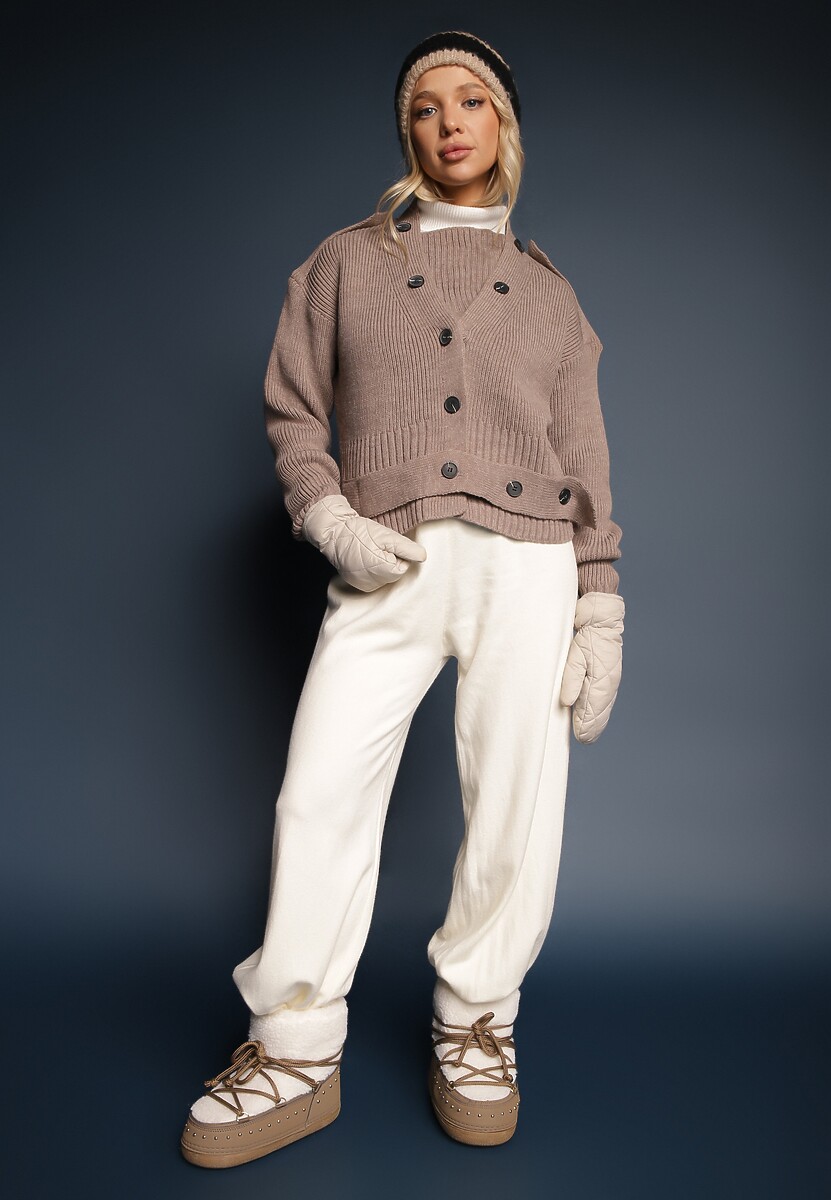 Ciemnobeżowy Klasyczny Kardigan z Ozdobnym Paskiem z Guzikami w Talii Tilika