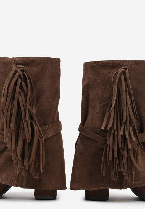Brązowe Botki Boho z Cholewką Imitującą Nogawkę i Frędzlami Zaslie