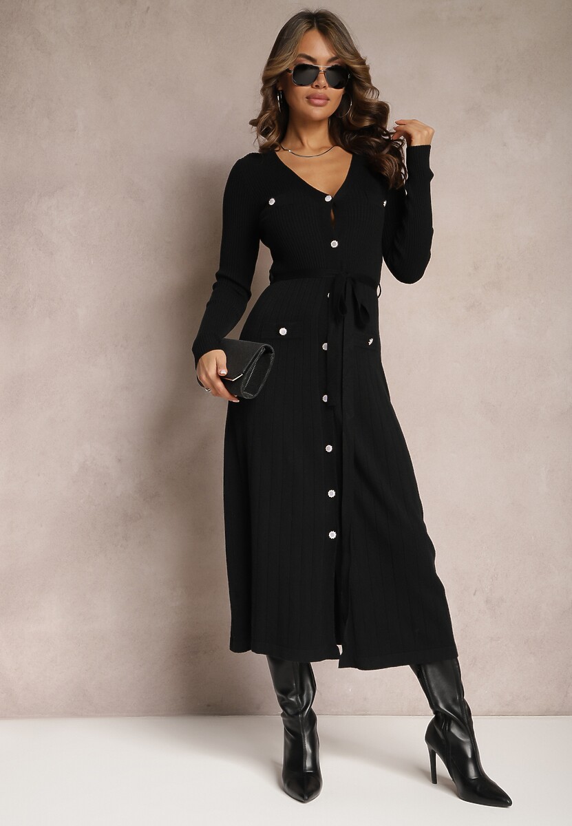 Czarna Sweterkowa Sukienka Maxi na Guziki z Wiązanym Paskiem Onykis