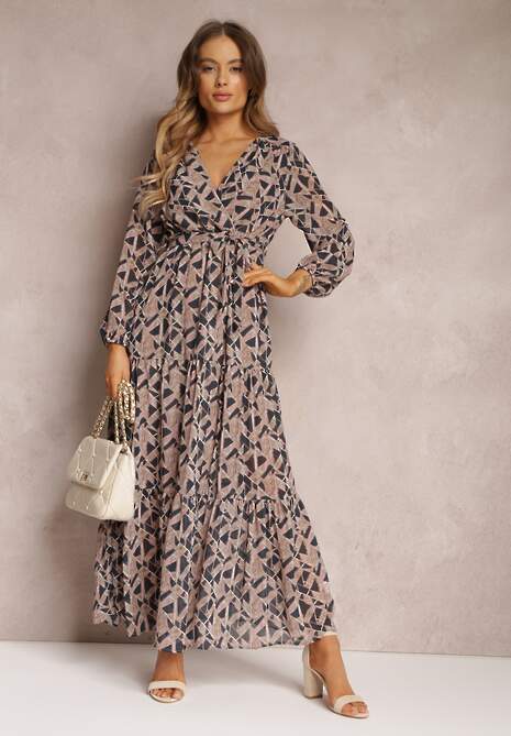 Czarno-Beżowa Sukienka Kopertowa z Gumką w Talii Jarne