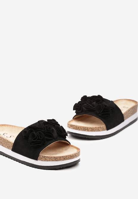 Czarne Klapki na Korkowej Grubej Podeszwie z Naszytą Aplikacją na Froncie Dirua
