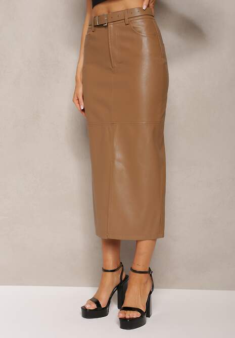Jasnobrązowa Midi Spódnica Ołówkowa z Ekoskóry z Klamrą na Pasku Agotte