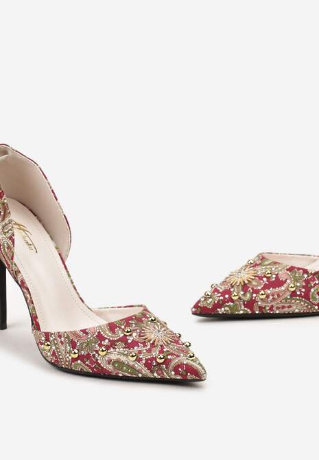 Czerwone Szpilki z Noskiem w Szpic z Oryginalnym Wzorem z Cyrkoniami i Nitami Alfiratte