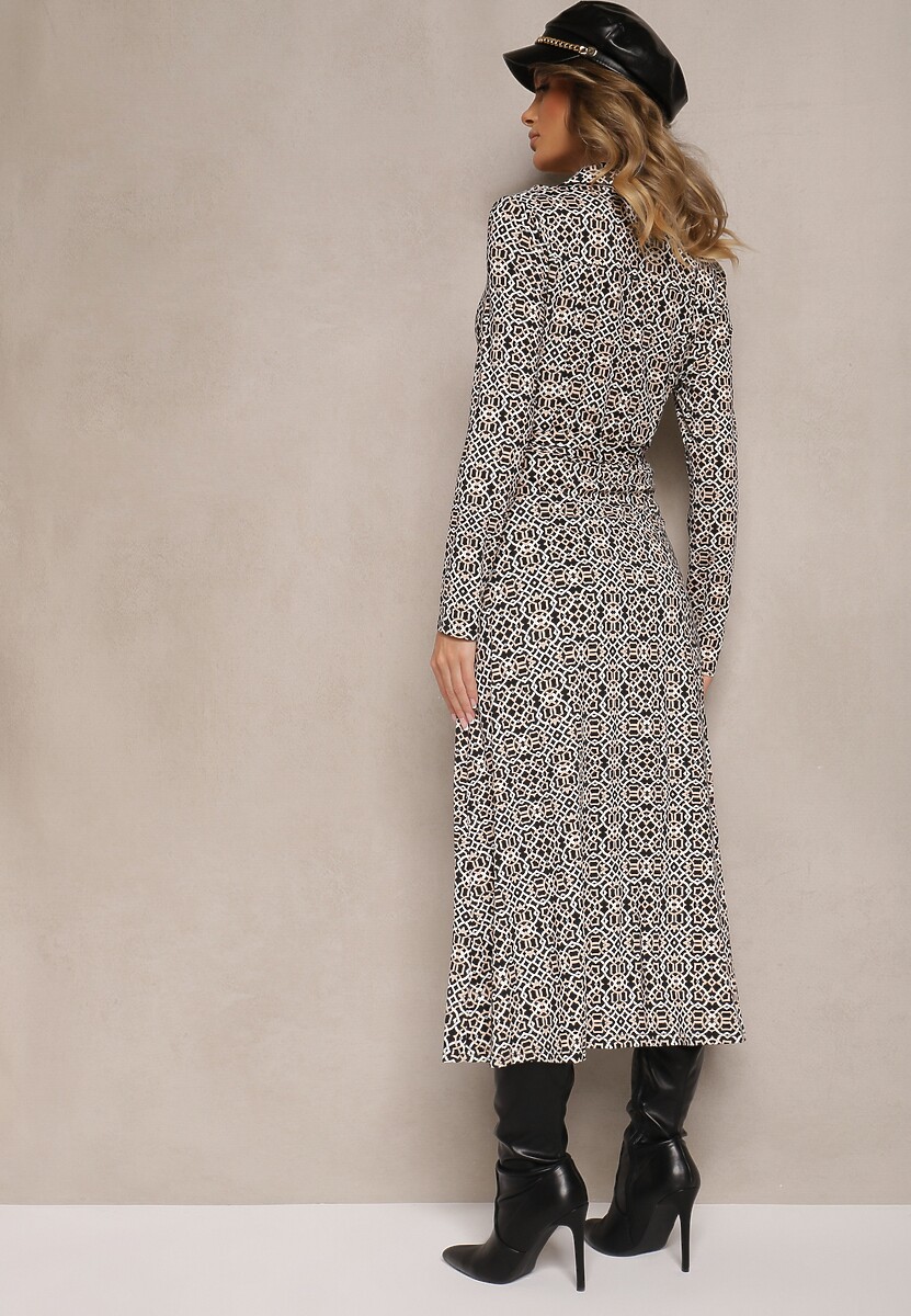 Biało-Czarna Sukienka Maxi o Taliowanym Kroju z Paskiem w Geometryczny Wzór Perani