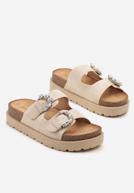 Beżowe Klapki na Platformie z Korka Ozdobione Cyrkoniami Orrisca