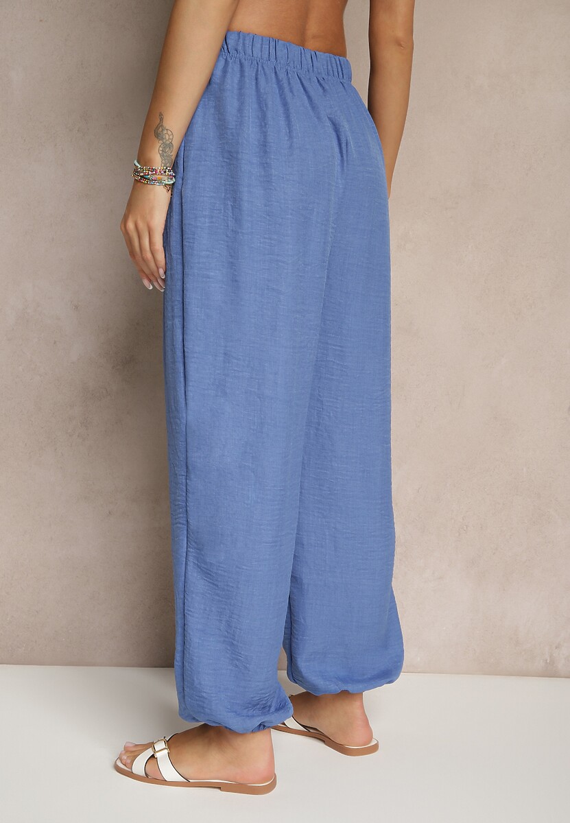 Niebieskie Spodnie Joggery High Waist ze Ściągaczami Korilanea