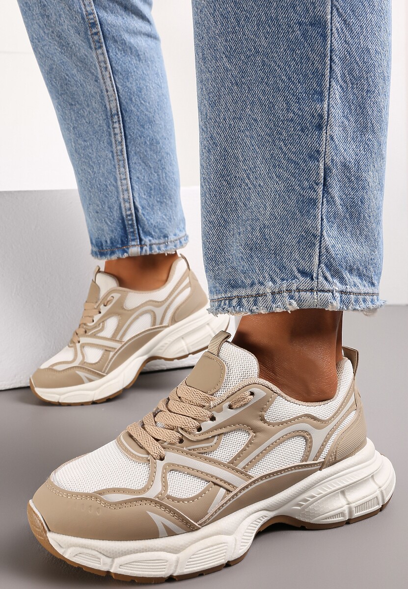 Ciemnobeżowe Sneakersy na Masywnej Podeszwie Ozdobione Siateczkowymi Wstawkami Malica