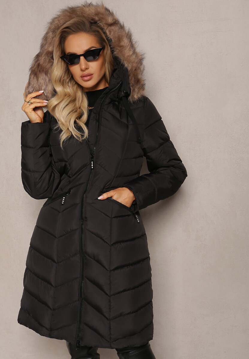 Czarna Kurtka do Kolan Pikowana z Kapturem Vasusa