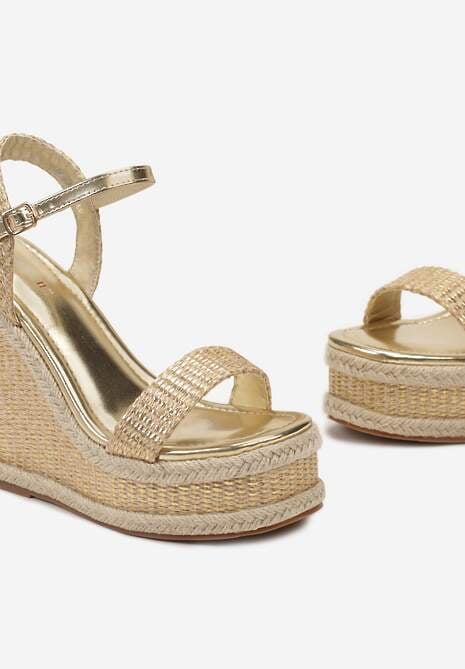 Złote Sandały z Plecionki na Koturnie ze Sprzączką Odira