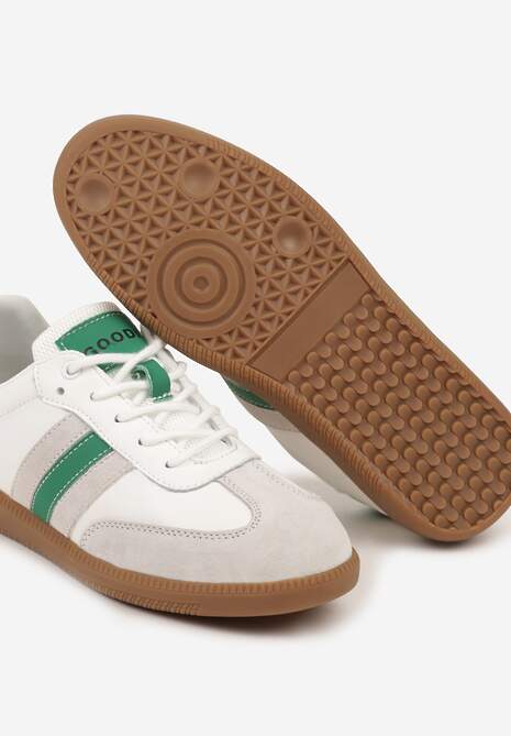 Biało-Zielone Sneakersy ze Skóry Naturalnej na Płaskiej Podeszwie Wykończone Paskami Navinda