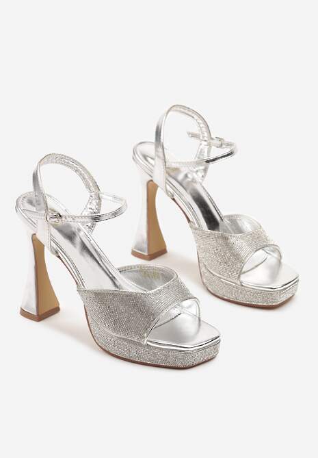 Srebrne Sandały na Stożku i Platformie Ozdobione Cyrkoniami Varnell