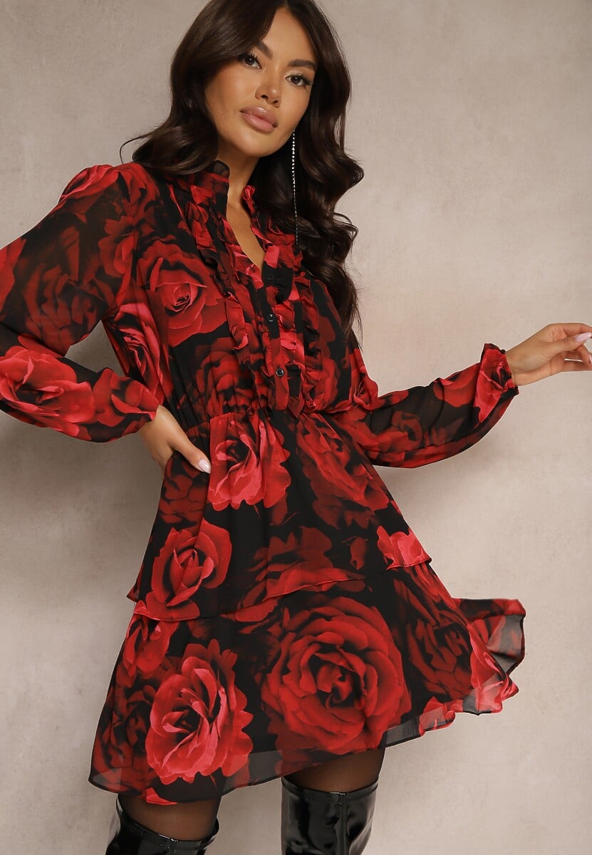 Czerwona Rozkloszowana Sukienka w Kwiaty z Gumką w Pasie Mirizora