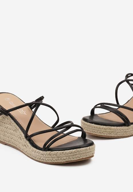 Czarne Boho Sandały na Koturnie z Plecionką z Juty Wiązane Wokół Kostki Saalka