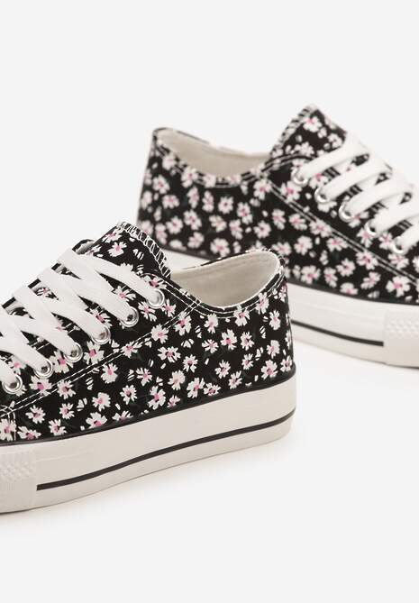Czarne Casualowe Trampki w Kwiatki Foleriella