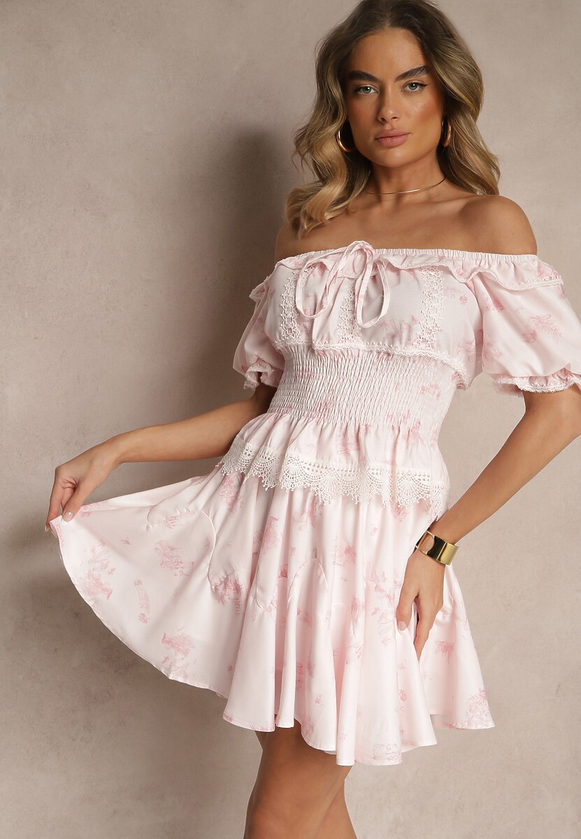 Jasnobeżowy Komplet z Wiskozy Spódnica i Top z Bufiastymi Rękawami Zdobiony Koronką Mironira