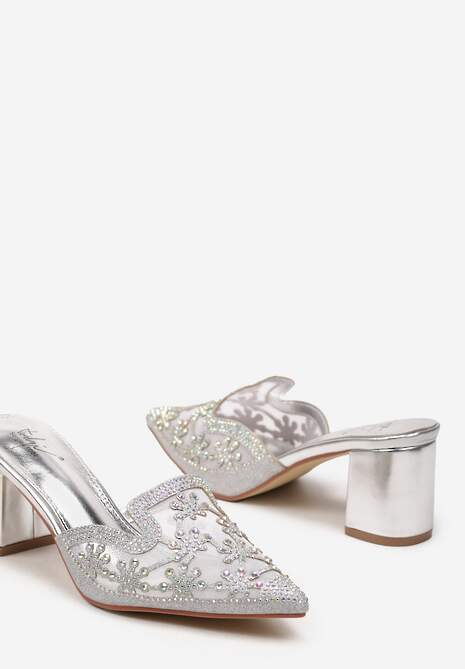Srebrne Klapki Mule na Słupku z Cyrkoniami na Szpiczastym Nosku Milith