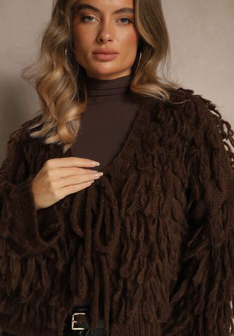 Brązowy Kardigan z Wiązaniem i Frędzlami z Domieszką Wełny i Wiskozy Tiseana