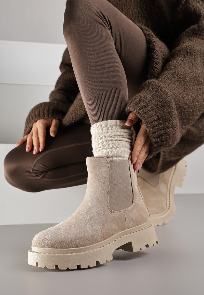 Ciemnobeżowe Botki na Grubej Podeszwie za Kostkę Verithra