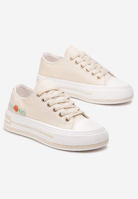 Beżowe Sznurowane Trampki na Grubej Podeszwie z Aplikacją Aniler