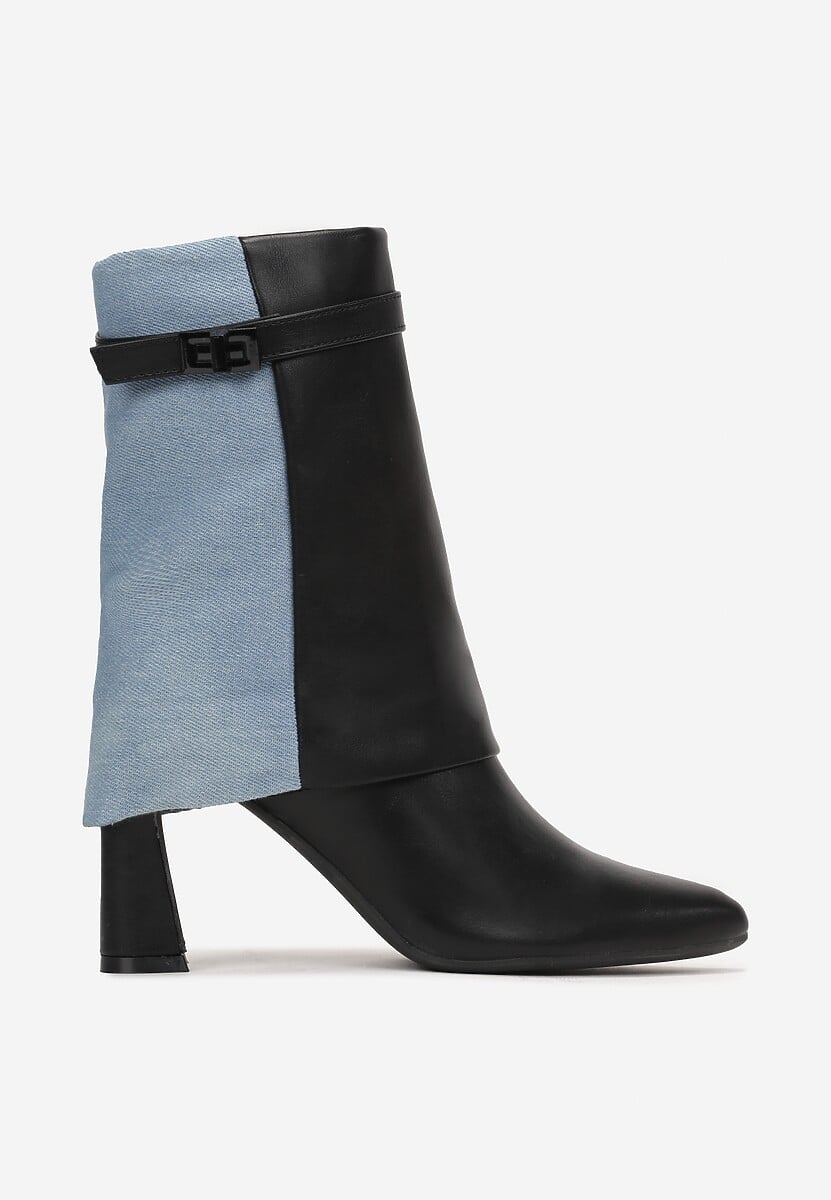 Czarne Botki na Słupku z Ekoskóry i Jeansu Acenda