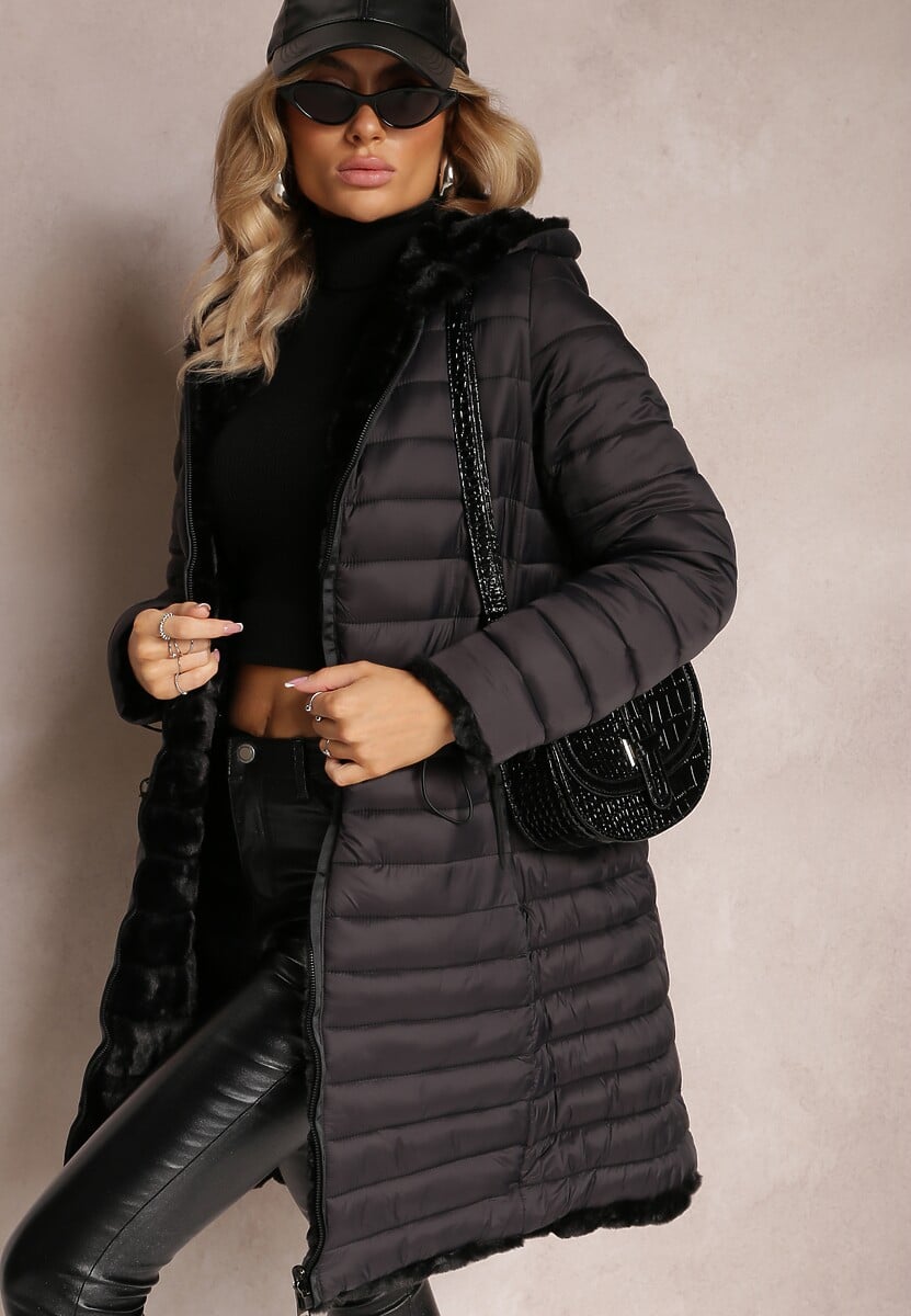 Czarna Dwustronna Kurtka z Pikowaniem i Futerkiem Annane