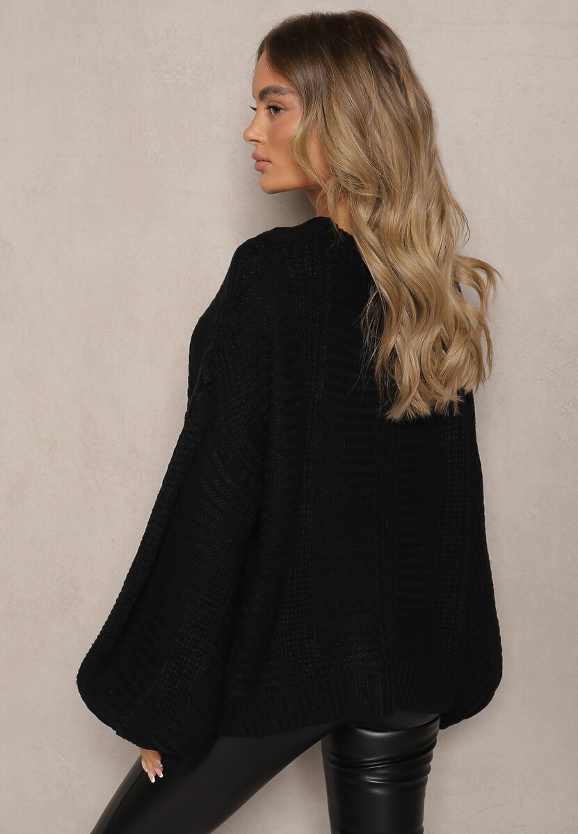 Czarny Kardigan z Dodatkiem Wiskozy Wykończony Guzikami Tłoczeniem i Ściągaczem Fizora