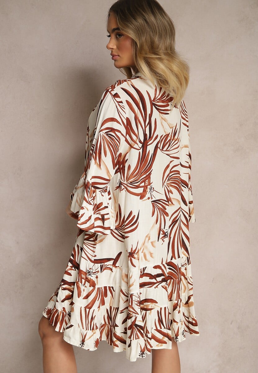 Brązowa Rozkloszowana Sukienka z Wiskozy z Falbanami z Motywem Roślinnym Ridivaria