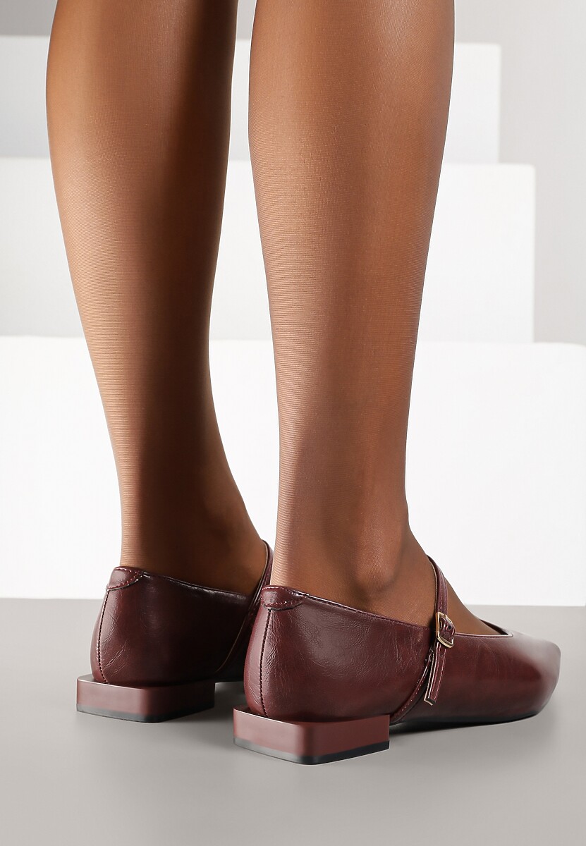 Bordowe Balerinki Vices w Stylu Mary Jane z Wkładką ze Skóry Naturalnej Emilane