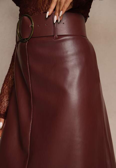 Bordowa Spódnica o Trapezowym Kroju z Imitacji Skóry z Szerokim Paskiem Saliavesa