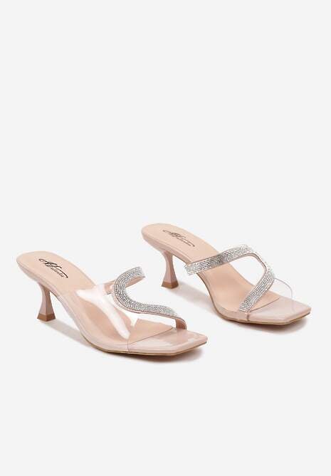 Beżowe Przezroczyste Klapki na Szpilce Kaczuszce Ozdobione Cyrkoniami Faneoria