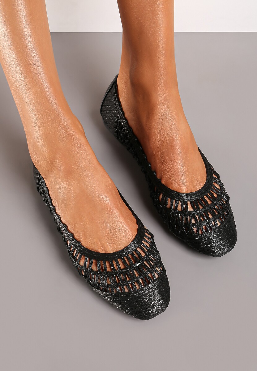 Złote Płaskie Balerinki z Imitacji Skóry o Ażurowym Wykończeniu Yines