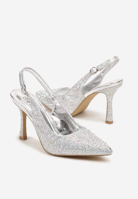Srebrne Sandały na Obcasie z Ozdobnymi Cyrkoniami i Szpiczastym Noskiem Rivasella