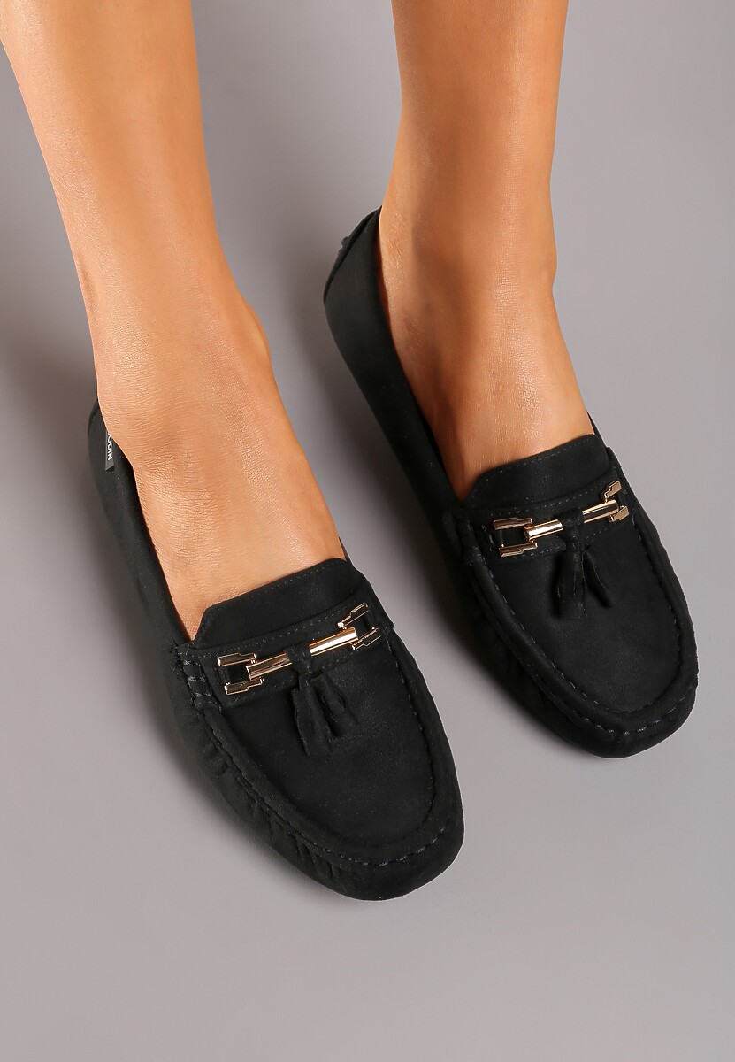 Czarne Mokasyny na Płaskiej Podeszwie ze Skórzaną Wkładką Klamrą i Frędzlami Irisce