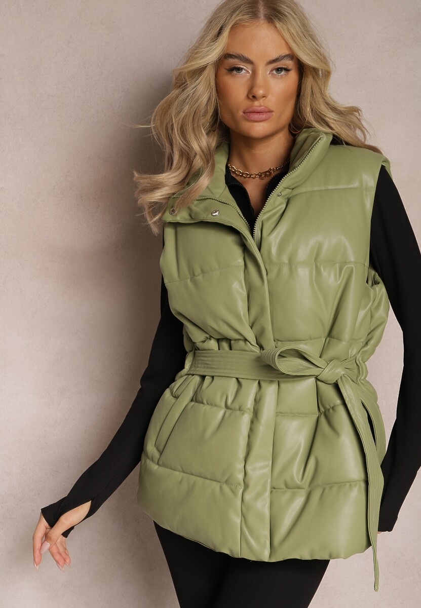 Zielona Kamizelka Pikowana z Wiązanym Paskiem z Ekoskóry Sotochus