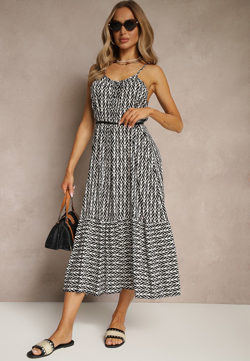 Czarna Sukienka z Bawełny Ozdobiona Geometrycznym Motywem Nilavionea