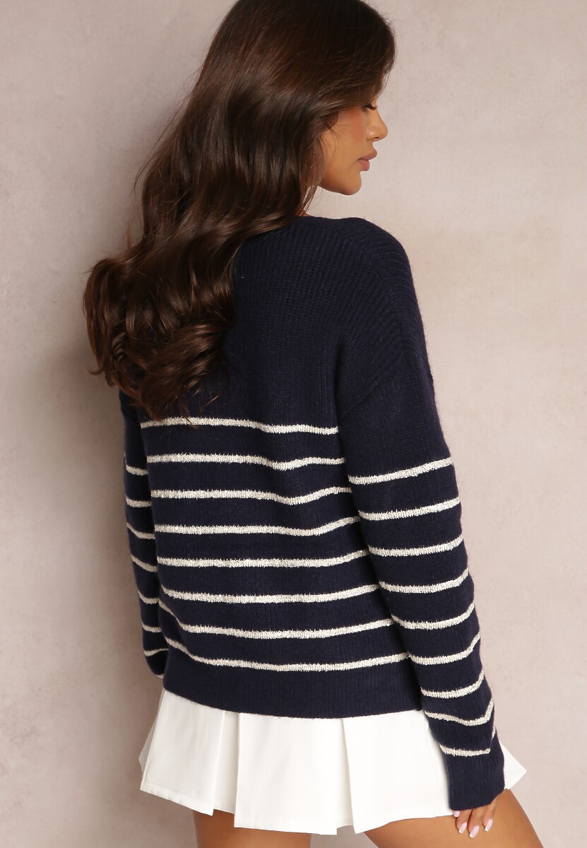 Granatowy Sweter w Paski z Trójkątnym Dekoltem Ozdobiony Cekinami Avaninder