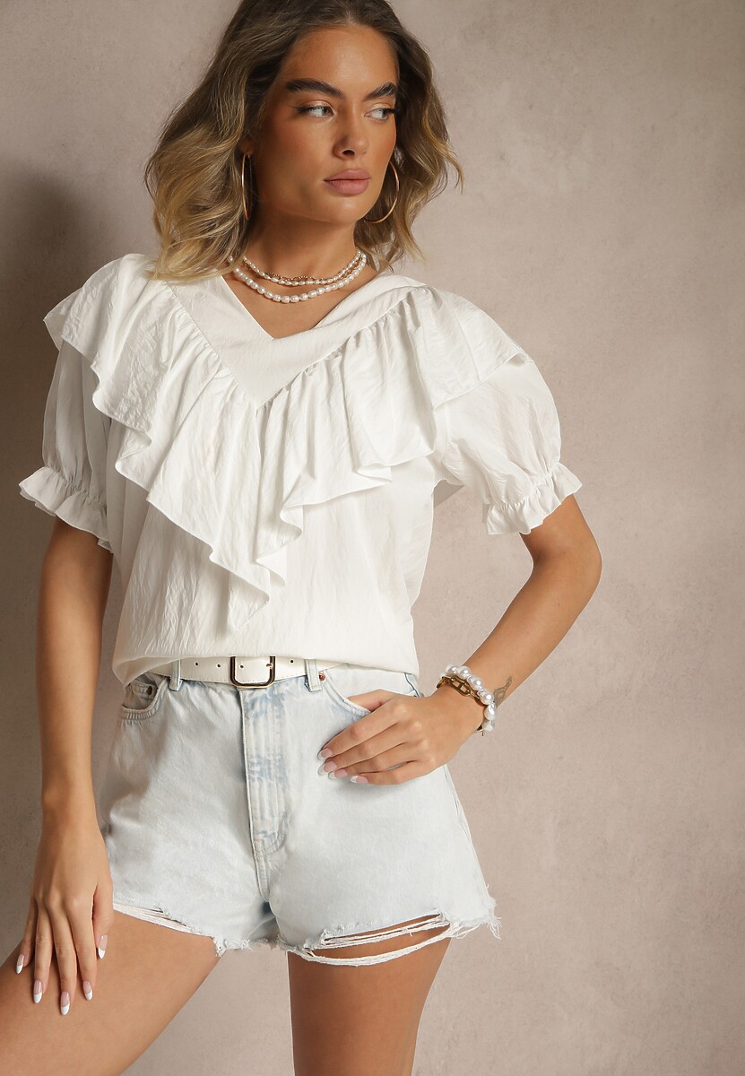 Biała Bluzka z Wiskozą Ozdobiona Falbankami Fadelena