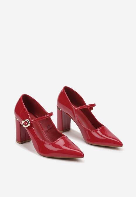 Bordowe Lakierowane Czółenka z Elegancką Klamerką na Słupku Naonisia