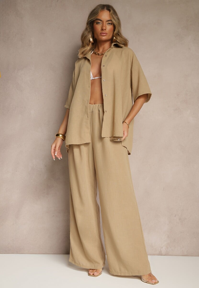 Ciemnobeżowy 2-Częściowy Komplet Koszula z Krótkim Rękawem Spodnie z Gumką w Pasie Vimacia