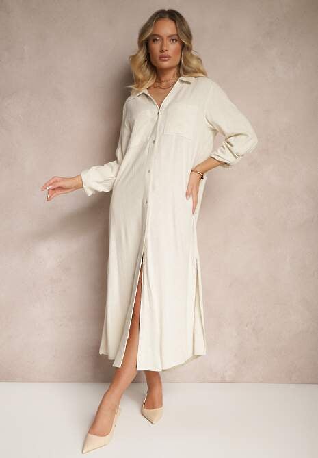 Beżowa Sukienka Koszulowa z Wiskozą Lnem i Regulacją przy Rękawach Florvezia