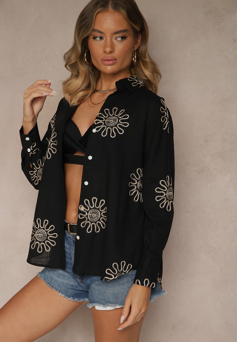 Czarna Koszula z Lnu i Bawełny z Ozdobnym Haftem Valkio