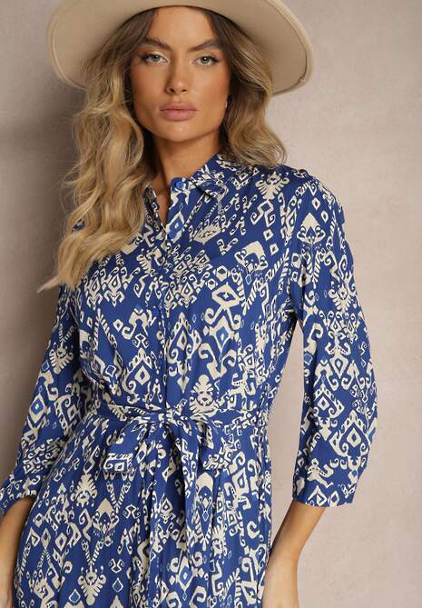 Granatowa Sukienka Koszulowa Wiązana w Pasie w Etno Wzór z Wiskozy Lokaggia