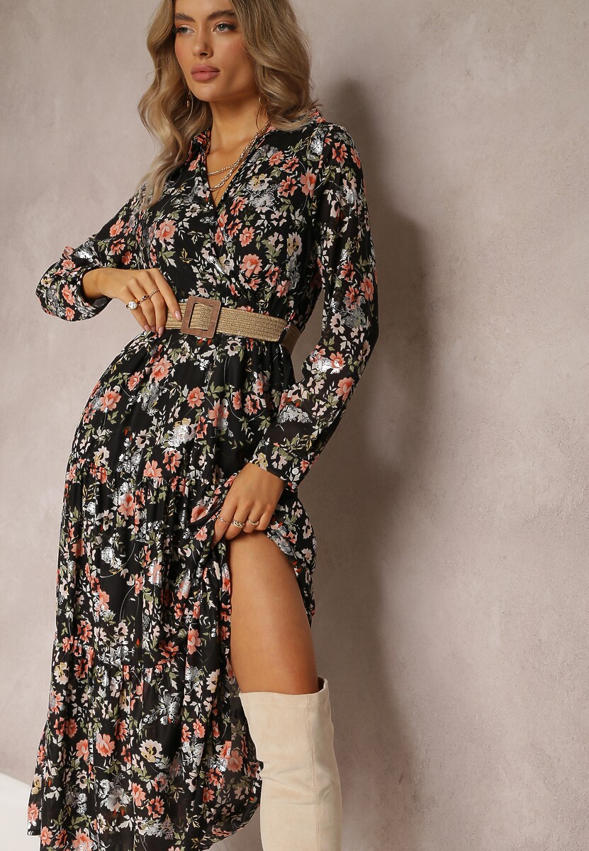 Czarna Sukienka Maxi z Plecionym Paskiem i Gumką w Talii w Kwiaty Elanisa
